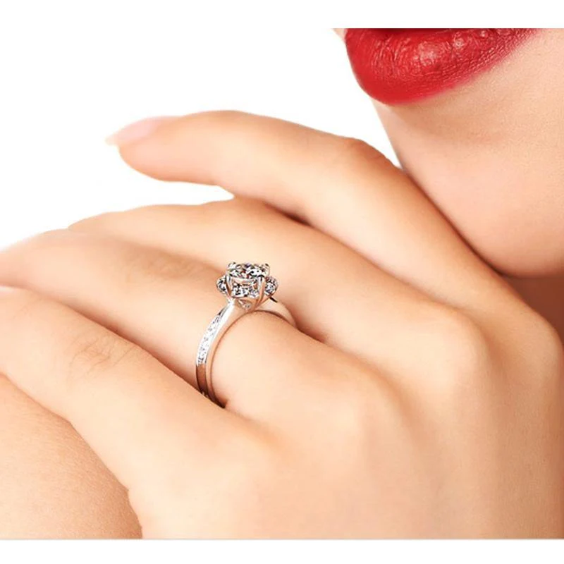 Moissanite Fashion Flower Side Stone Sterling Silver Wedding Ring - Image 10