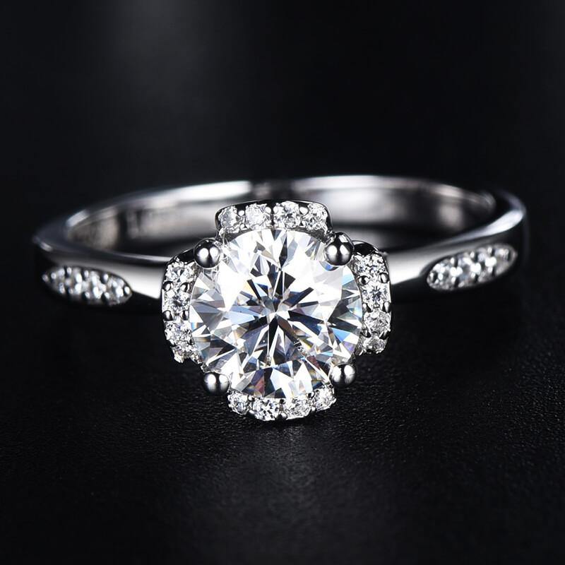 Moissanite Fashion Flower Side Stone Sterling Silver Wedding Ring - Image 4