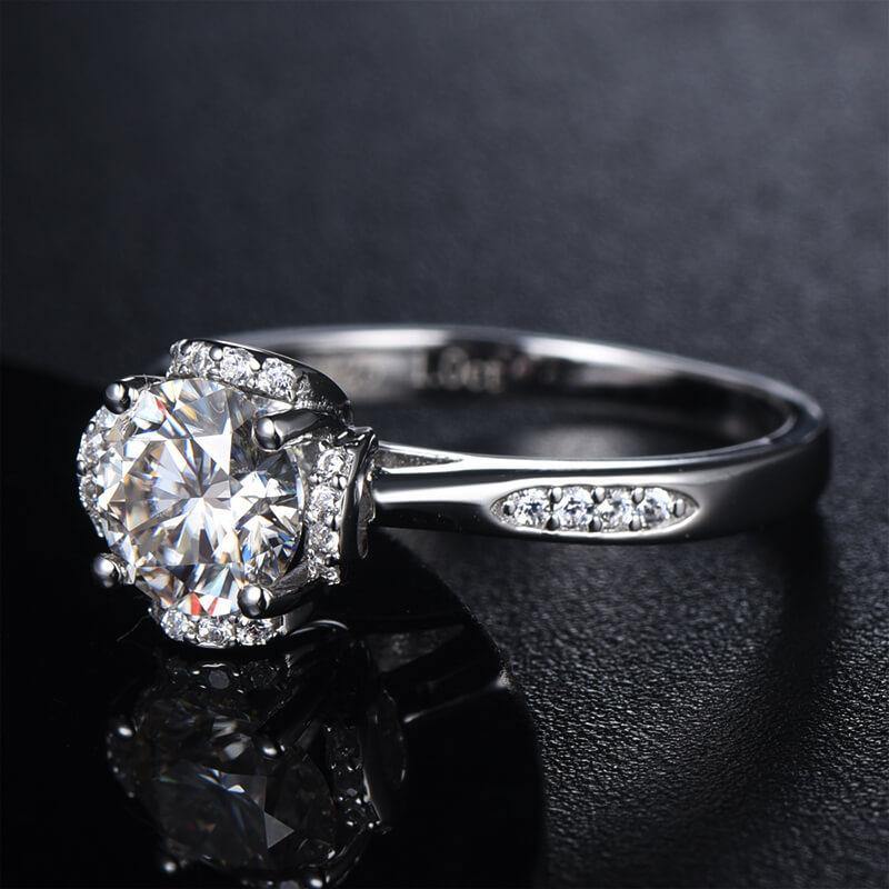 Moissanite Fashion Flower Side Stone Sterling Silver Wedding Ring - Image 5