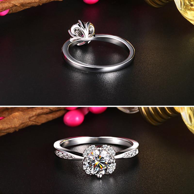 Moissanite Fashion Flower Side Stone Sterling Silver Wedding Ring - Image 8