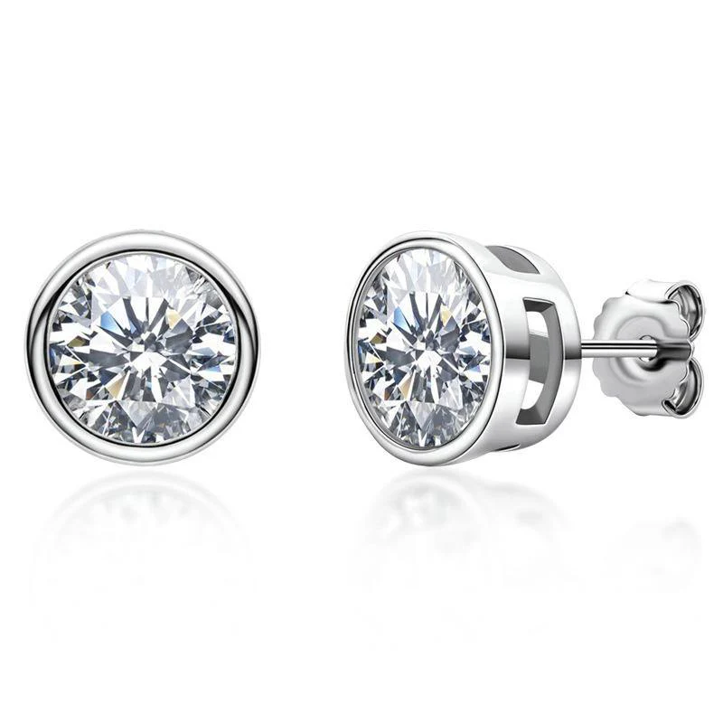 Round Moissanite Bezel Set Sterling Silver Earrings - Image 4