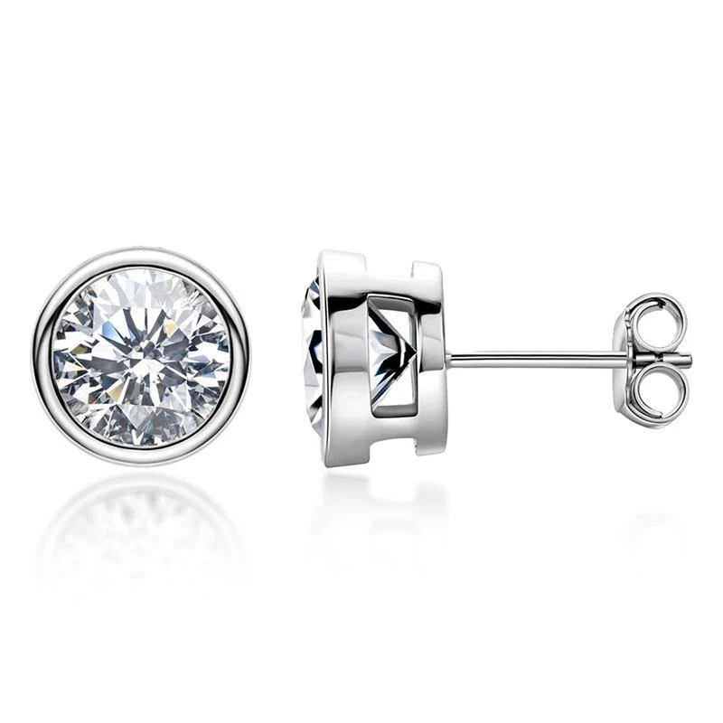 Round Moissanite Bezel Set Sterling Silver Earrings - Image 5