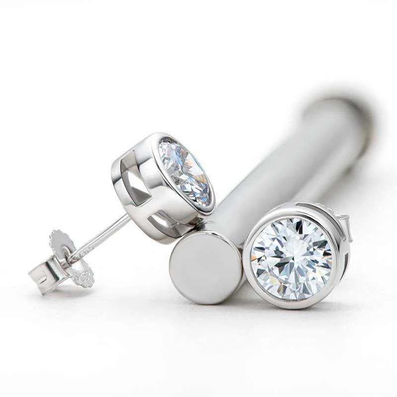 Round Moissanite Bezel Set Sterling Silver Earrings - Image 6