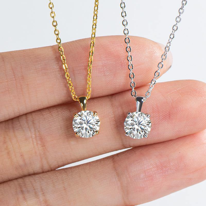 Classic Solitaire Round Moissanite Four Prong Sterling Silver Necklace Pendant - Image 3