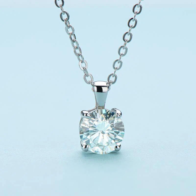 Classic Solitaire Round Moissanite Four Prong Sterling Silver Necklace Pendant - Image 7