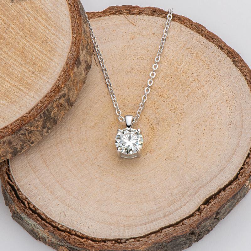 Classic Solitaire Round Moissanite Four Prong Sterling Silver Necklace Pendant - Image 8