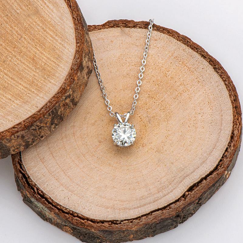 Solitaire Round Moissanite Four Prong Sterling Silver Necklace Pendant - Image 7
