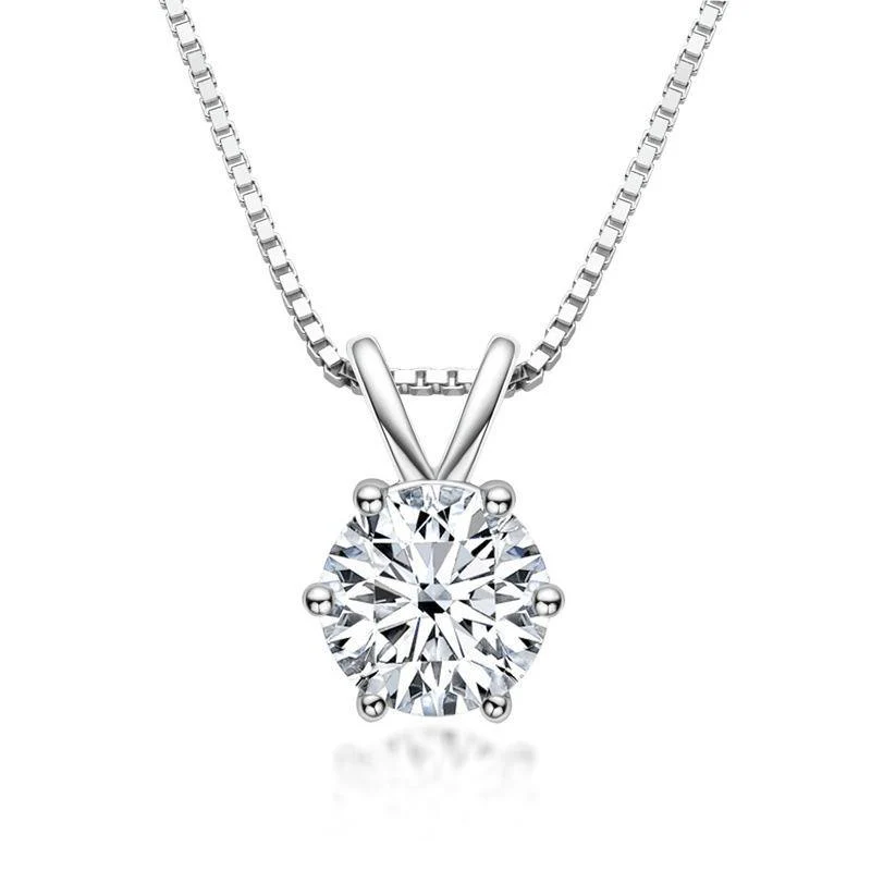 Classic Solitaire Round Moissanite Six Prong Sterling Silver Necklace Pendant - Image 4