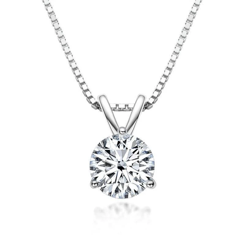 Solitaire Round Moissanite Three Prong Sterling Silver Necklace Pendant - Image 4