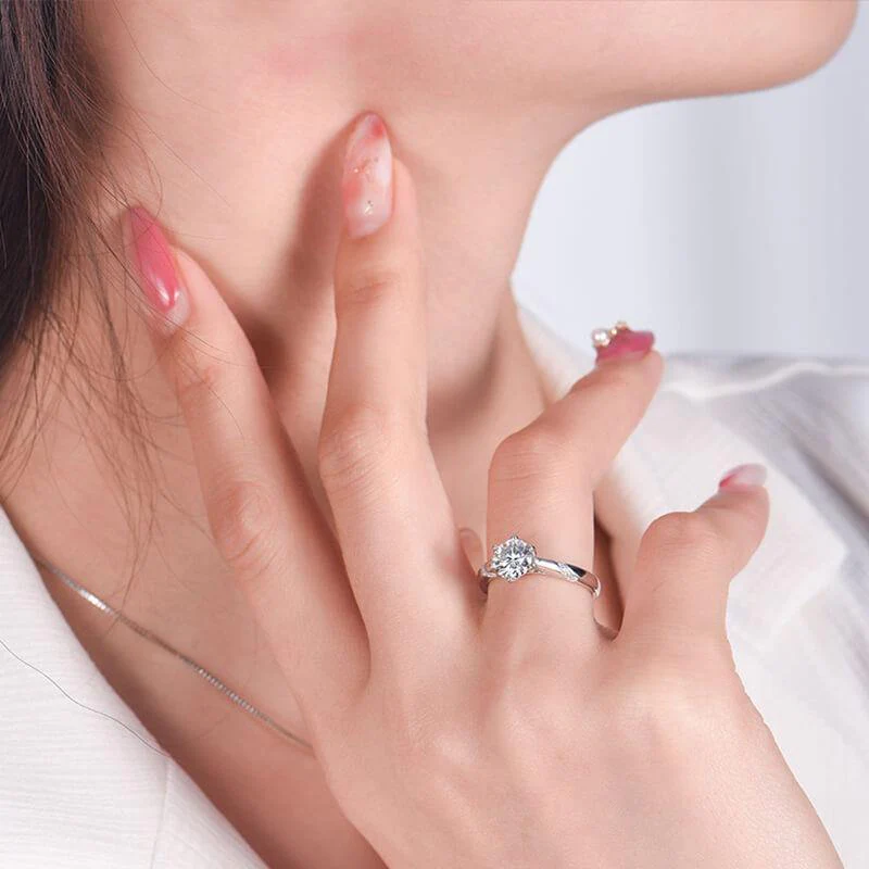 Fashion Round Moissanite Six Prong Side Stone Engagement Ring - Image 9