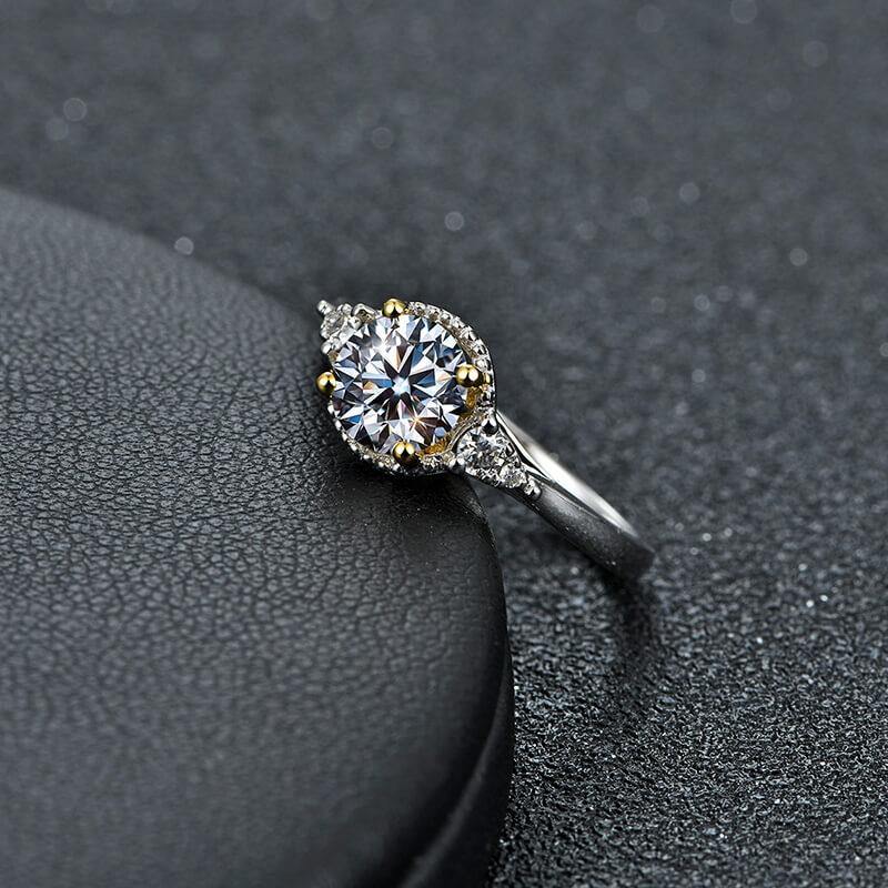Three Stone Moissanite Two Tone Halo Sterling Silver Ring - Image 3