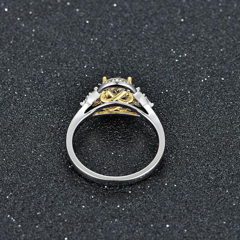 Three Stone Moissanite Two Tone Halo Sterling Silver Ring - Image 4