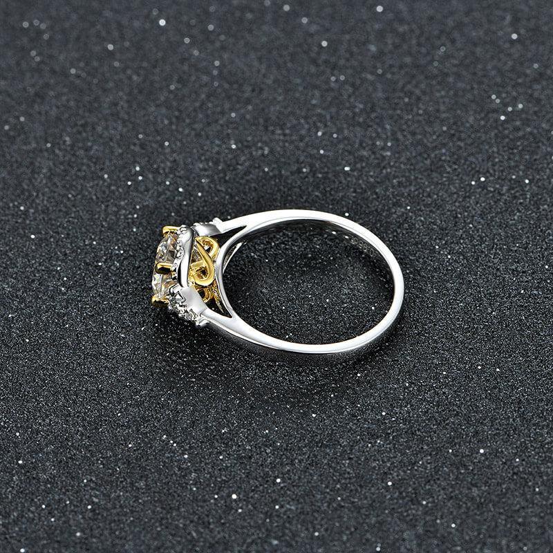 Three Stone Moissanite Two Tone Halo Sterling Silver Ring - Image 5