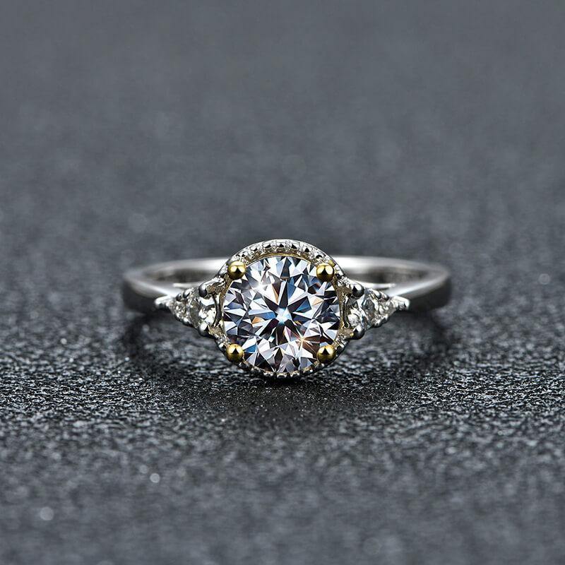 Three Stone Moissanite Two Tone Halo Sterling Silver Ring - Image 6