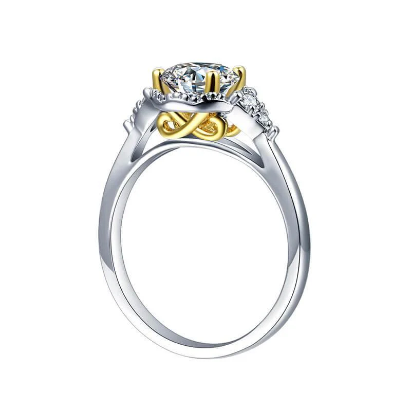 Three Stone Moissanite Two Tone Halo Sterling Silver Ring - Image 7