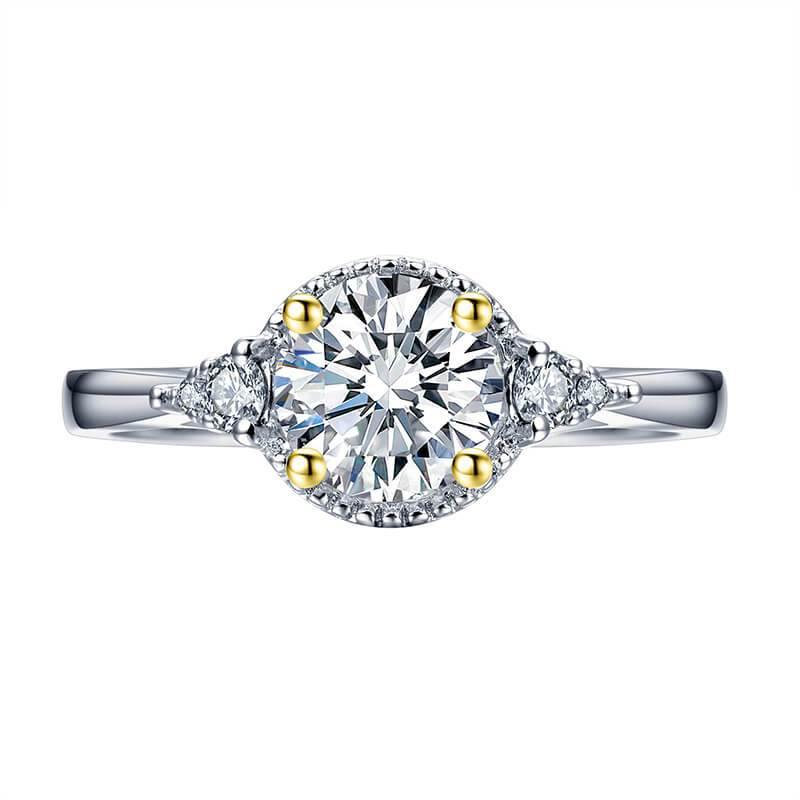 Three Stone Moissanite Two Tone Halo Sterling Silver Ring - Image 8