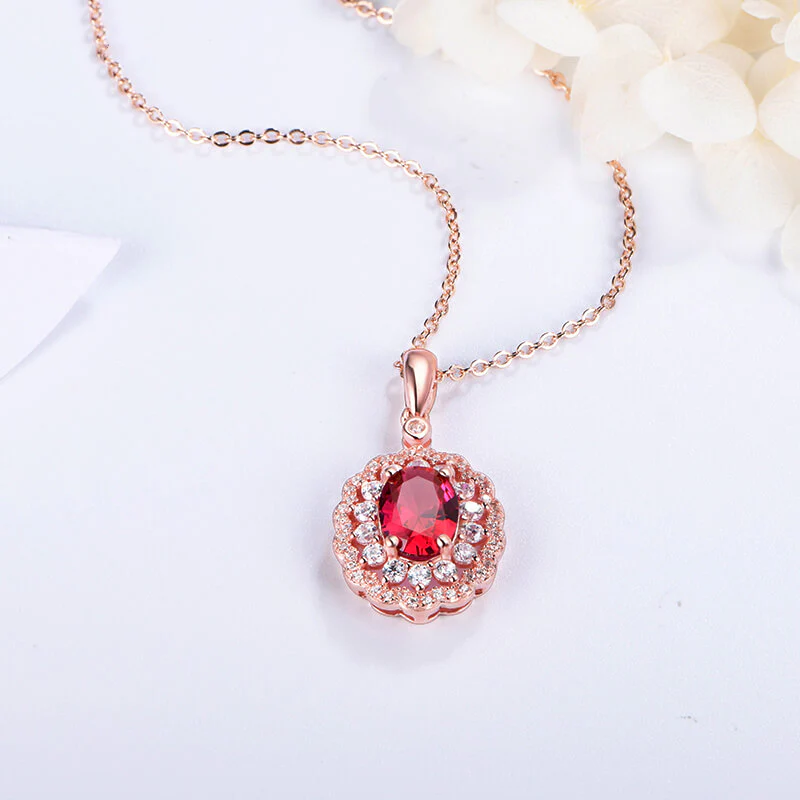 Oval Ruby Double Halo Sterling Silver Necklace Pendant - Image 3