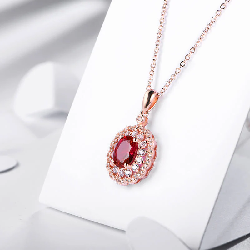 Oval Ruby Double Halo Sterling Silver Necklace Pendant - Image 4