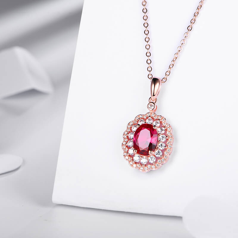 Oval Ruby Double Halo Sterling Silver Necklace Pendant - Image 5