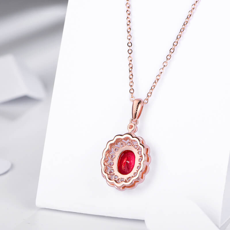 Oval Ruby Double Halo Sterling Silver Necklace Pendant - Image 6