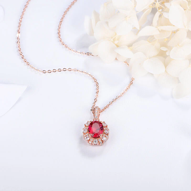 Oval Ruby Halo Sterling Silver Necklace Pendant - Image 3