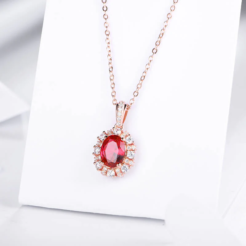 Oval Ruby Halo Sterling Silver Necklace Pendant - Image 4