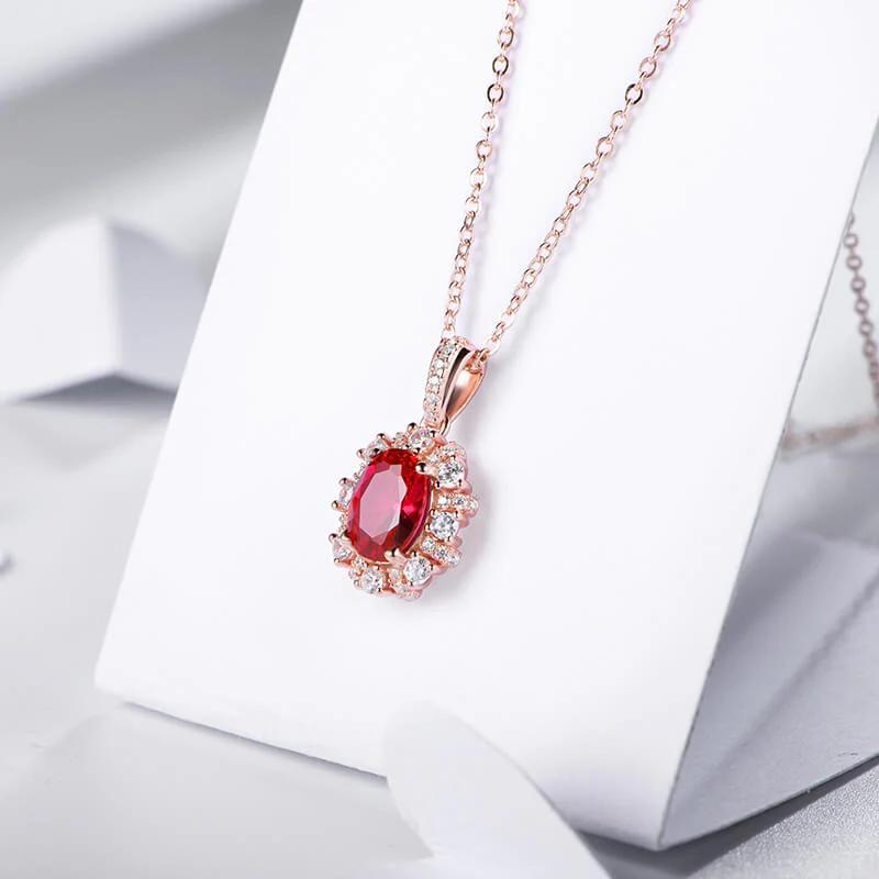 Oval Ruby Halo Sterling Silver Necklace Pendant - Image 5