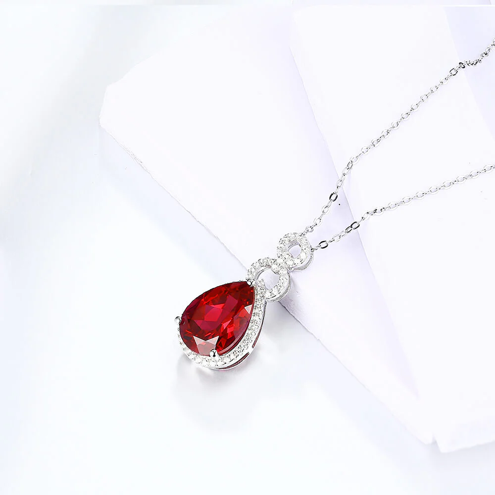 Pear Ruby Sterling Silver Halo Necklace Pendant - Image 3