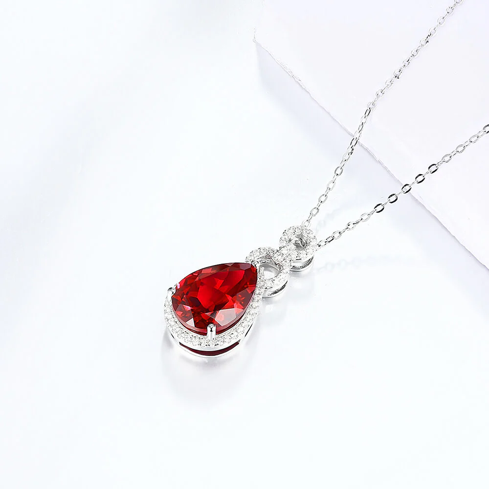 Pear Ruby Sterling Silver Halo Necklace Pendant - Image 4