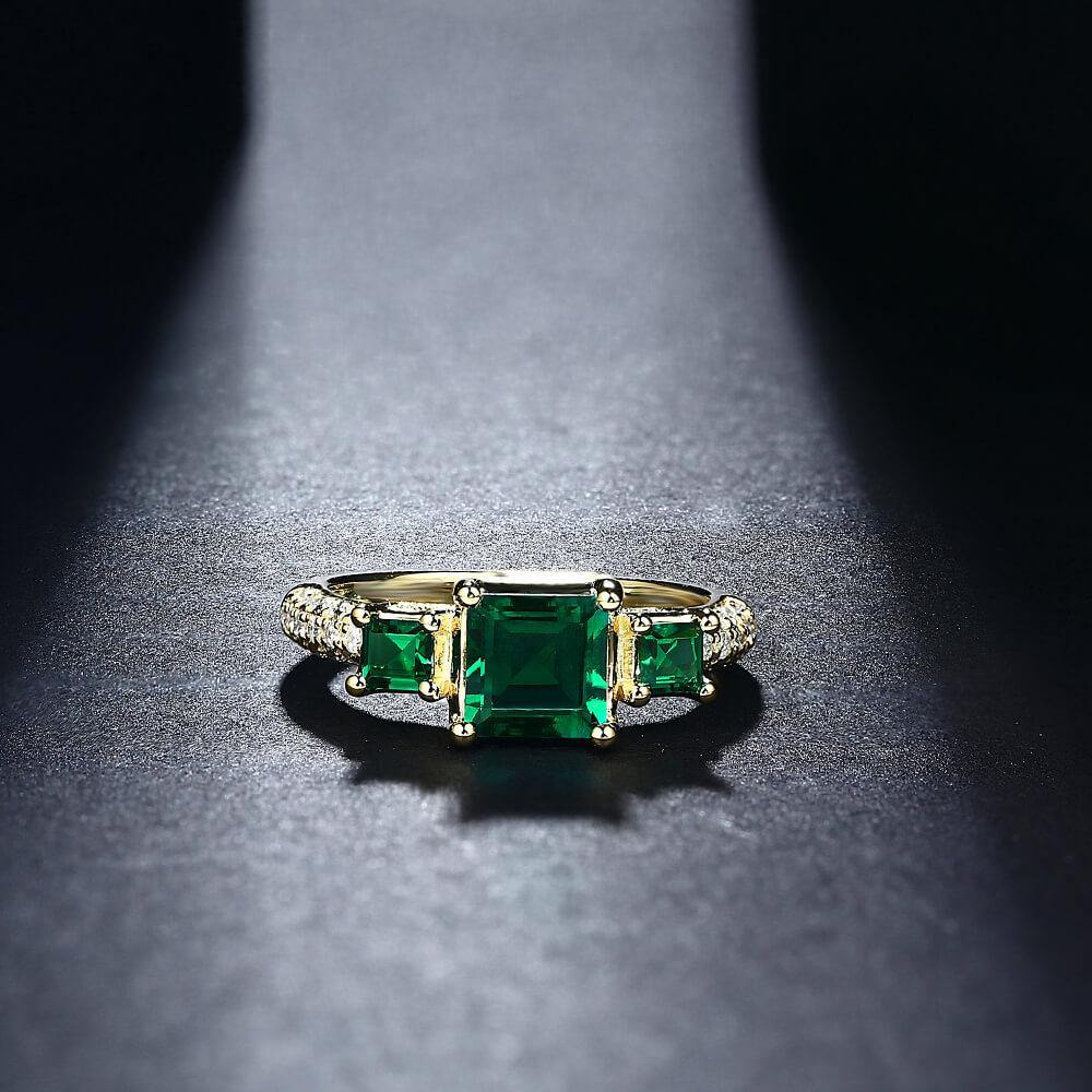 Princess Cut Lab Created Emerald Three Stone Luxury Sterling Silver Ring - Image 3