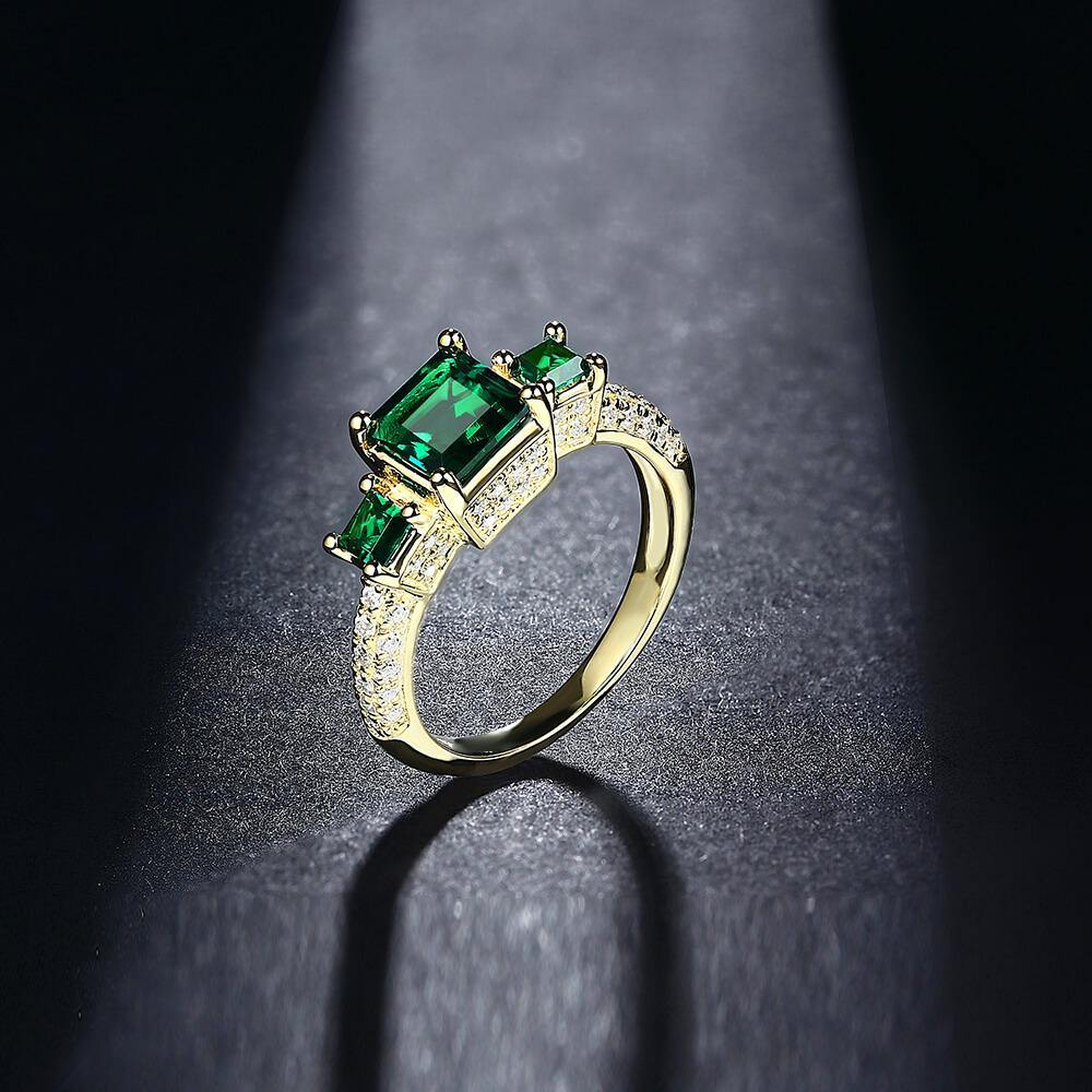 Princess Cut Lab Created Emerald Three Stone Luxury Sterling Silver Ring - Image 4