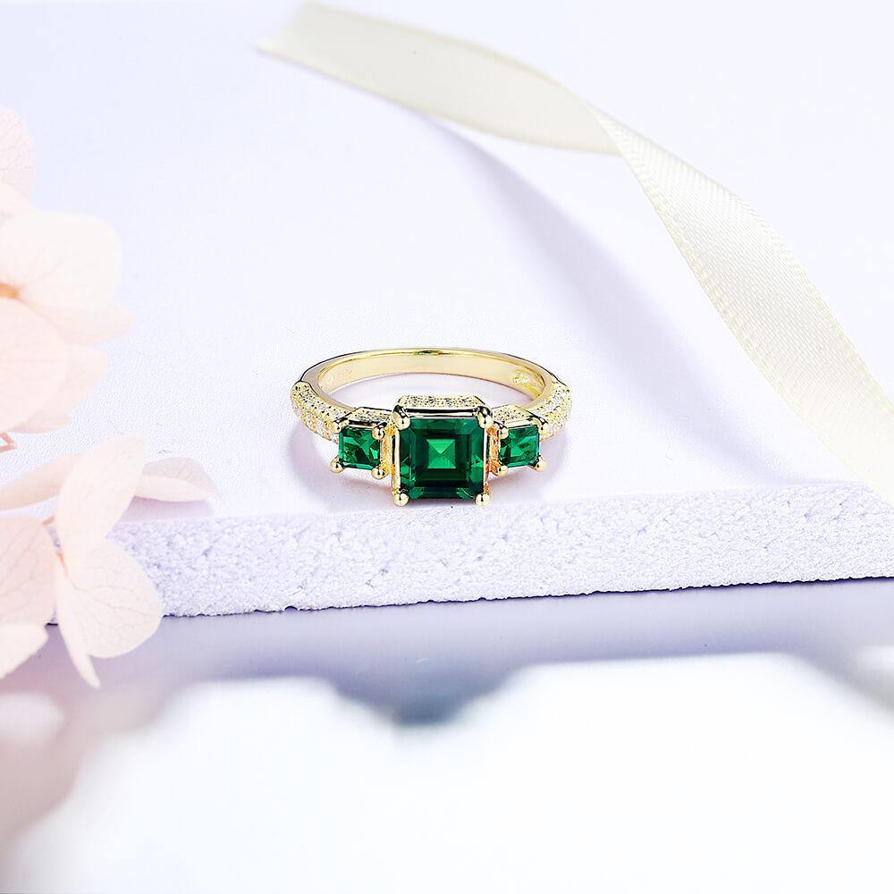Princess Cut Lab Created Emerald Three Stone Luxury Sterling Silver Ring - Image 6