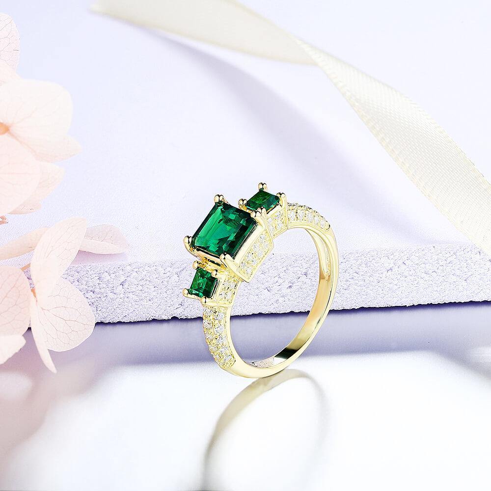 Princess Cut Lab Created Emerald Three Stone Luxury Sterling Silver Ring - Image 7
