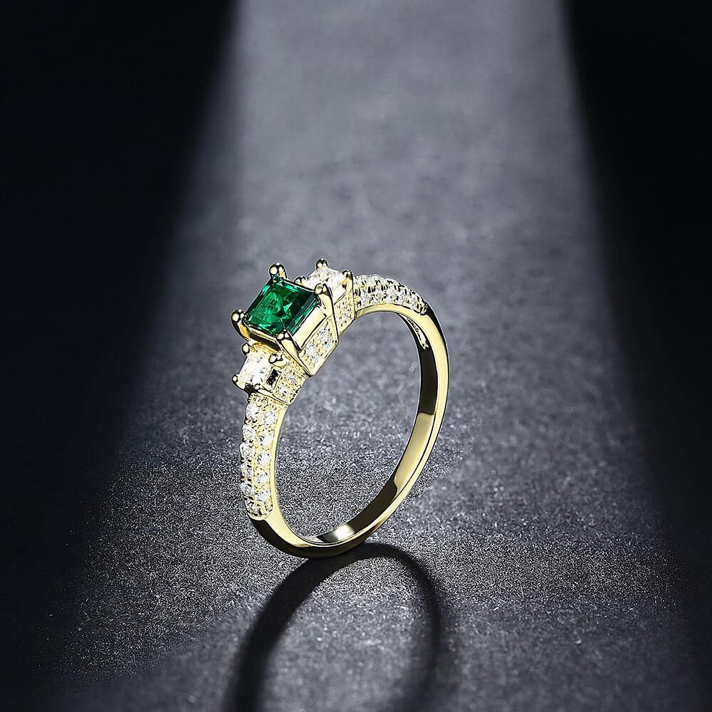 Princess Cut Lab Created Emerald Three Stone Luxury Sterling Silver Ring - Image 3