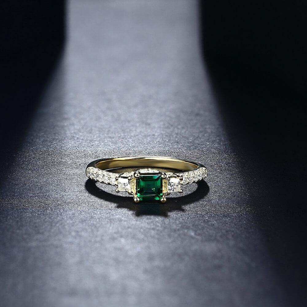Princess Cut Lab Created Emerald Three Stone Luxury Sterling Silver Ring - Image 4