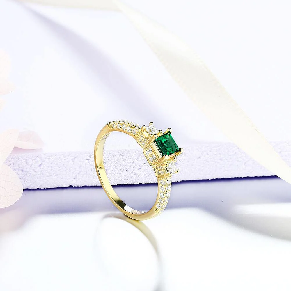 Princess Cut Lab Created Emerald Three Stone Luxury Sterling Silver Ring - Image 6