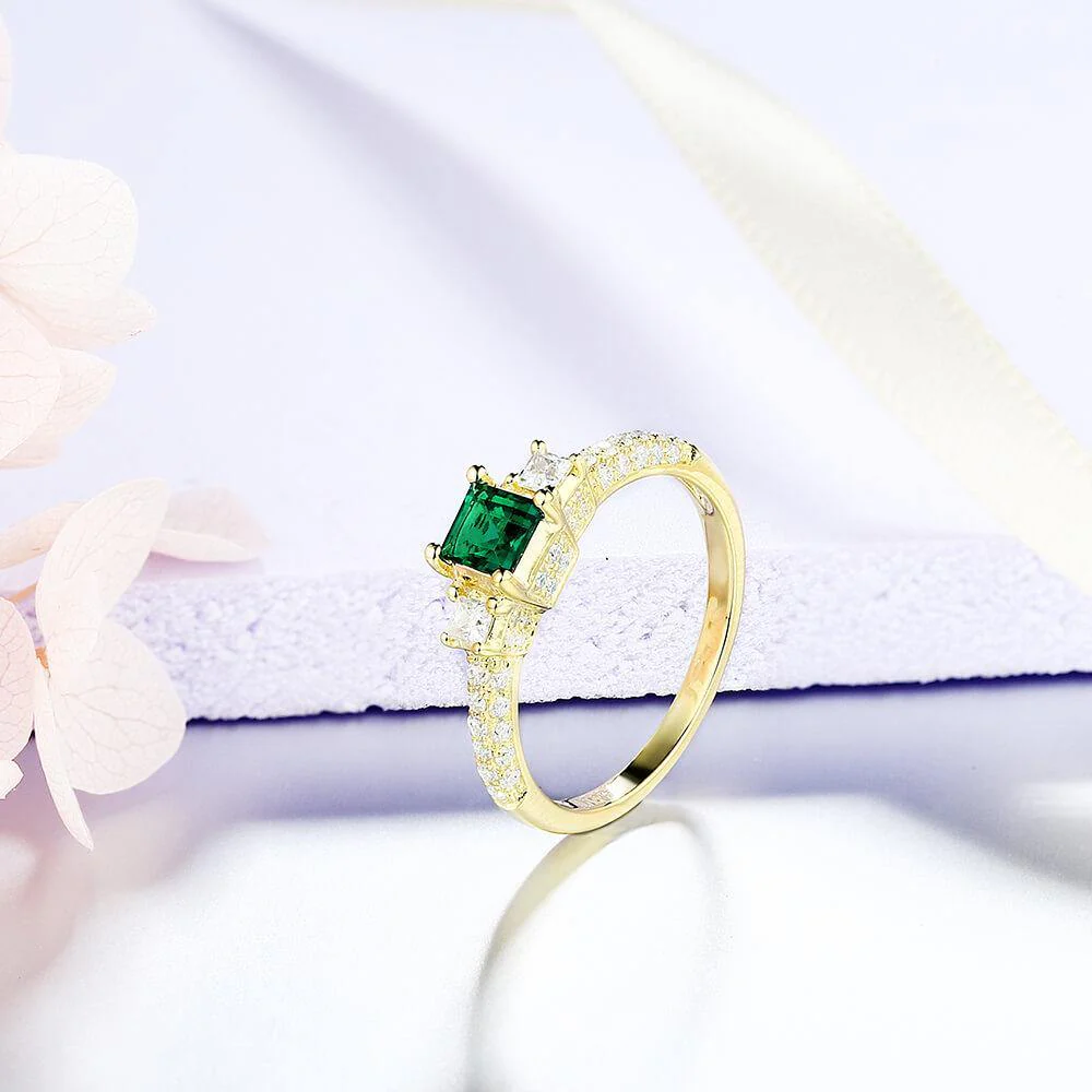 Princess Cut Lab Created Emerald Three Stone Luxury Sterling Silver Ring - Image 7
