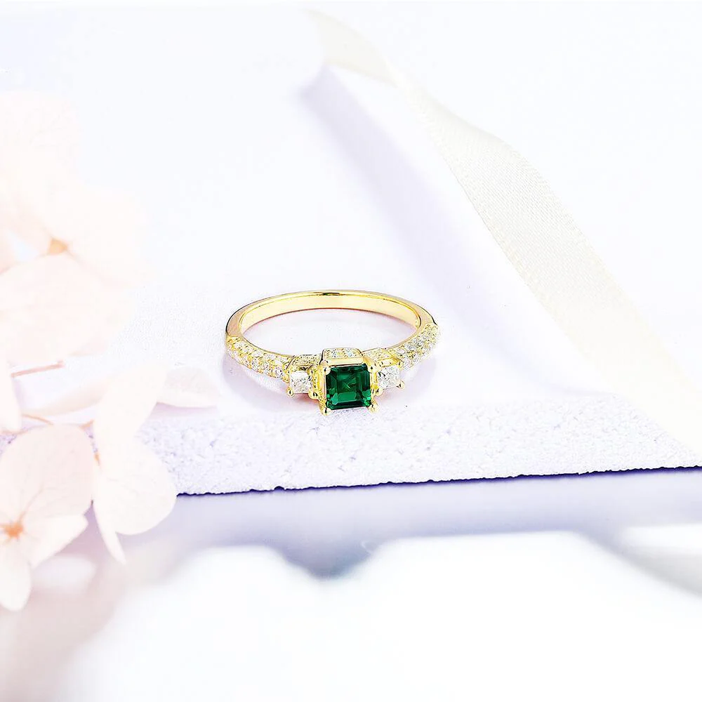 Princess Cut Lab Created Emerald Three Stone Luxury Sterling Silver Ring - Image 8