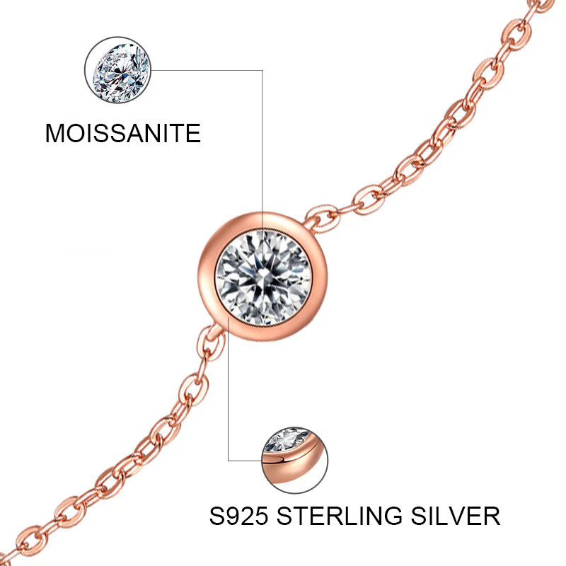 Round Moissanite Rose Gold Bezel Sterling Silver Bracelet - Image 3