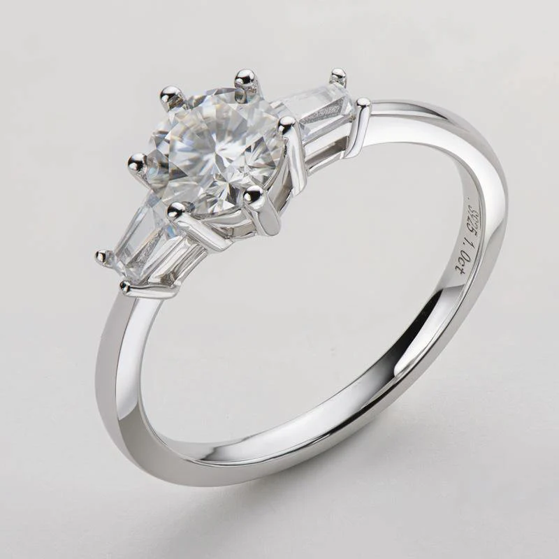 Three Stone Round Moissanite Six Prong Sterling Silver Wedding Ring - Image 3