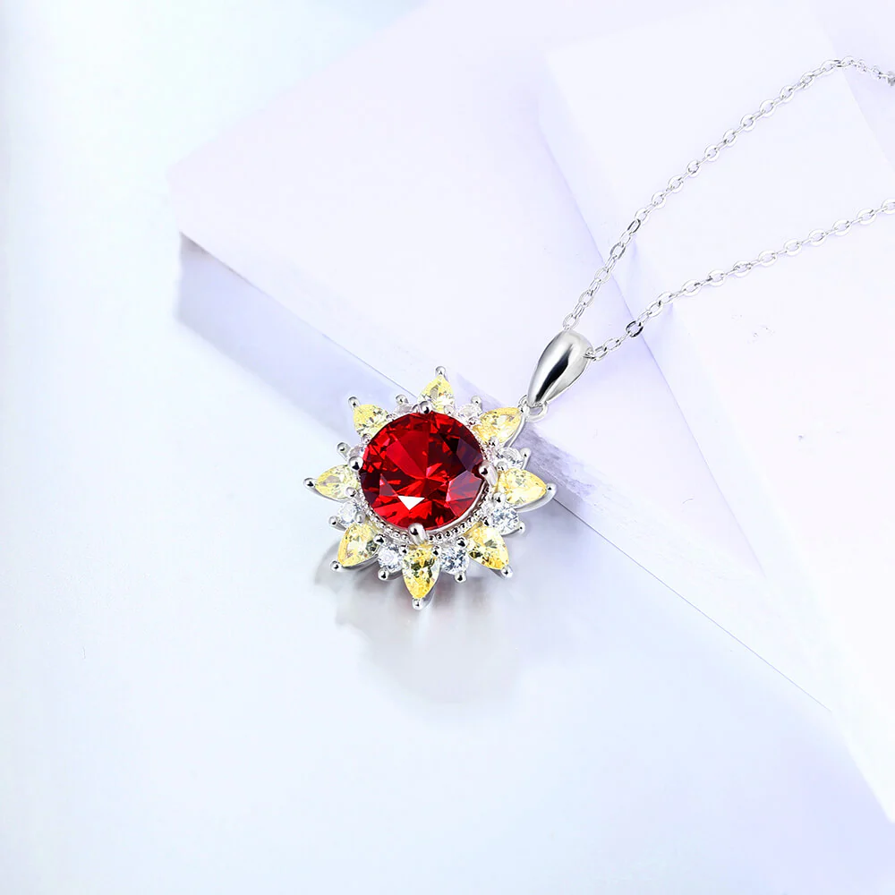 Round Ruby Two Tone SunFlower Sterling Silver Halo Necklace Pendant - Image 3