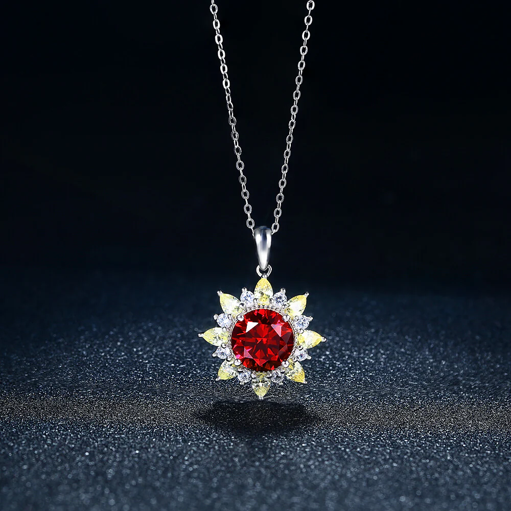 Round Ruby Two Tone SunFlower Sterling Silver Halo Necklace Pendant - Image 4
