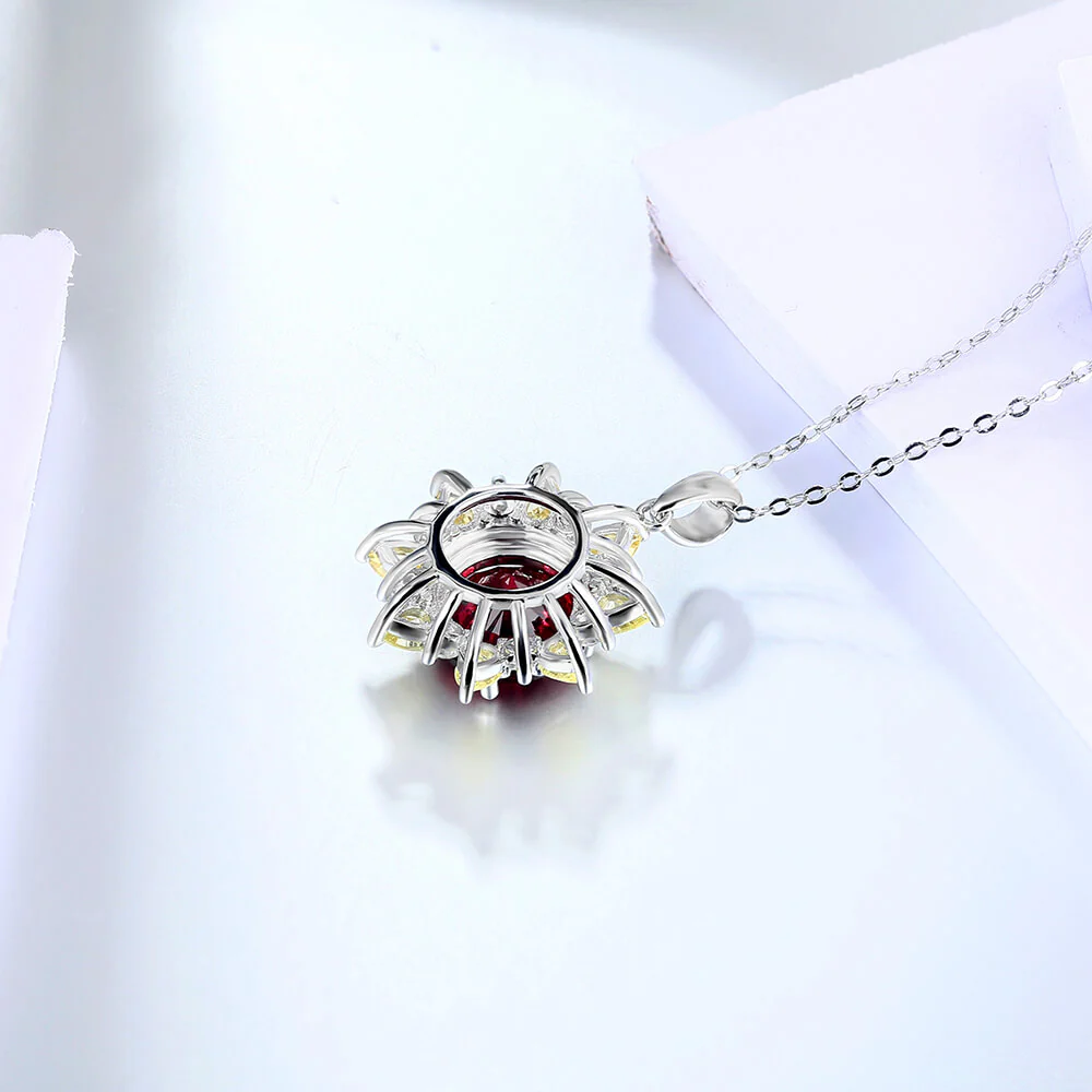 Round Ruby Two Tone SunFlower Sterling Silver Halo Necklace Pendant - Image 5