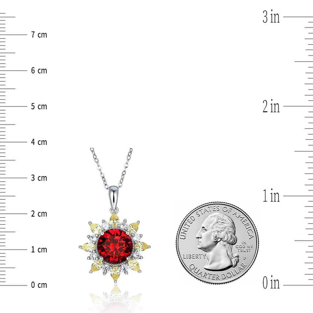 Round Ruby Two Tone SunFlower Sterling Silver Halo Necklace Pendant - Image 6