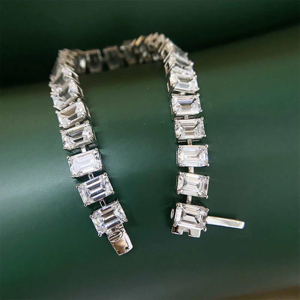 Solitaire Emerald-Cut Lab-Sapphire Sterling Silver Tennis Bracelet - Image 4
