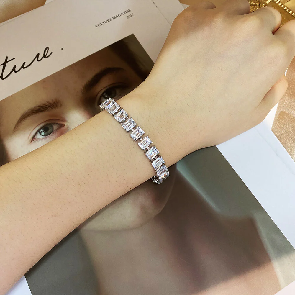 Solitaire Emerald-Cut Lab-Sapphire Sterling Silver Tennis Bracelet - Image 6