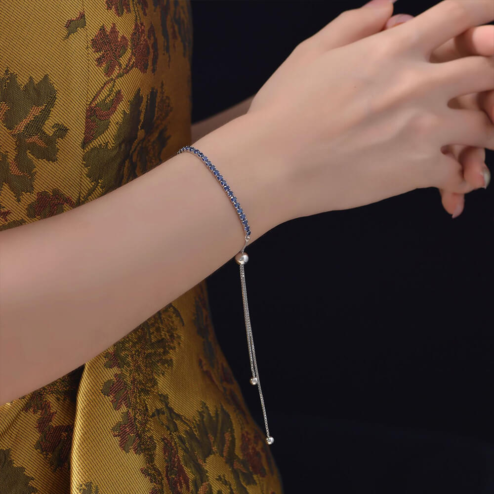 Solitaire Lab-Sapphire Sterling Silver Adjustable Bracelet - Image 6
