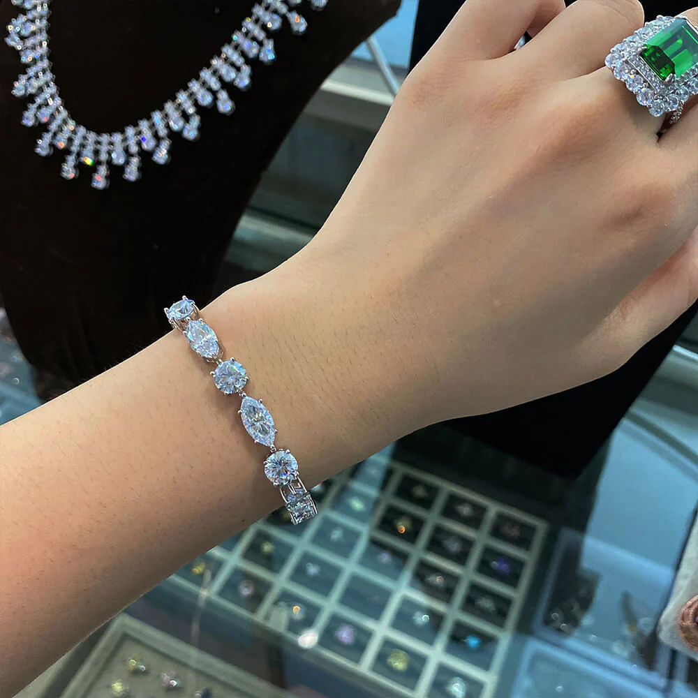 Solitaire Marquise & Round Lab-Sapphire Sterling Silver Bracelet - Image 5